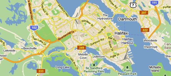 Street map of Halifax and Dartmouth with the harbour and surrounding roads