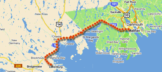 Map of the route from Halifax along the South Shore to Lunenburg