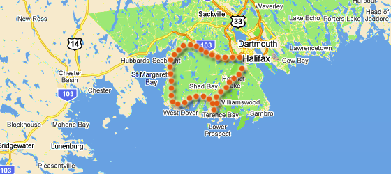 Map of a looped route southwest of Halifax passing Hubbards, St. Margarets Bay and Peggys Cove
